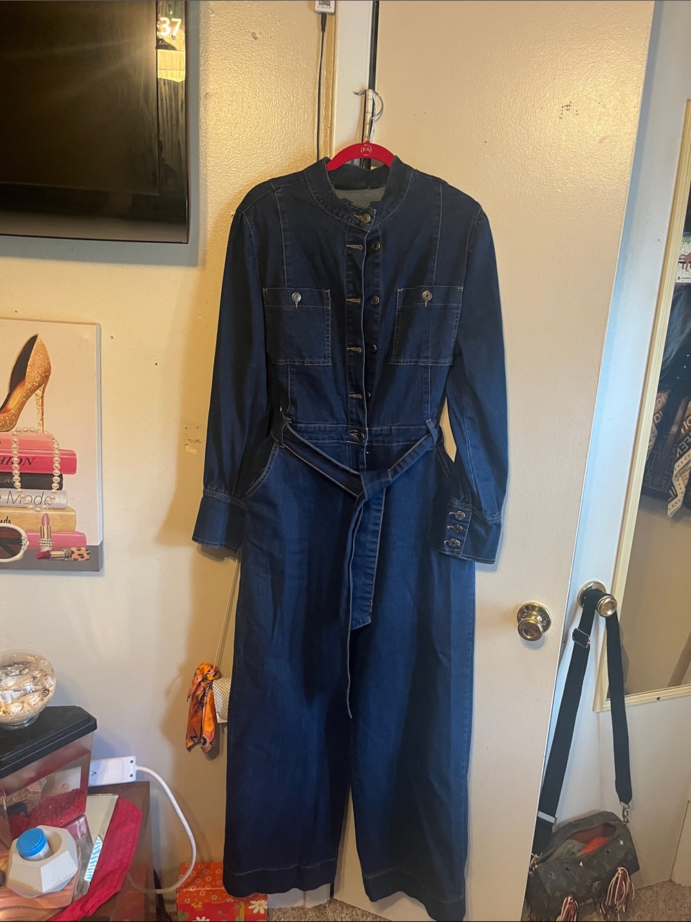 Dark Blue Women's Denim Jumpsuit with Belt